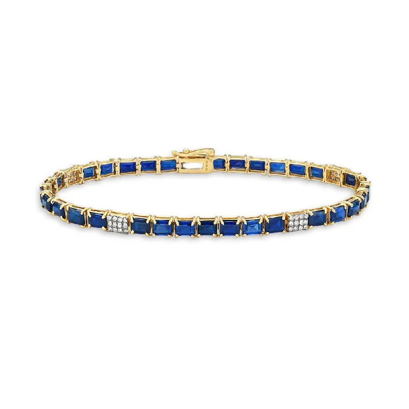 Alternate Emerald Cut Sapphire & Diamond Tennis Bracelet (10.50 ct.) 4-Prongs Setting in 14K Gold