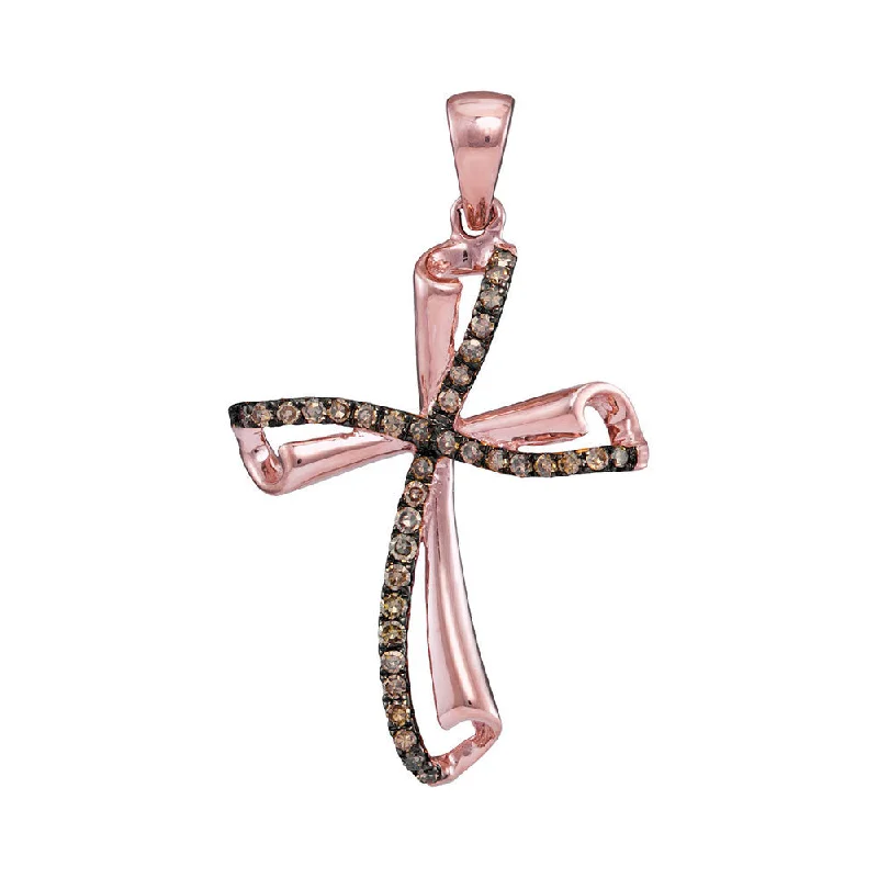 10kt Rose Gold Womens Round Brown Diamond Cross Pendant 1/4 Cttw