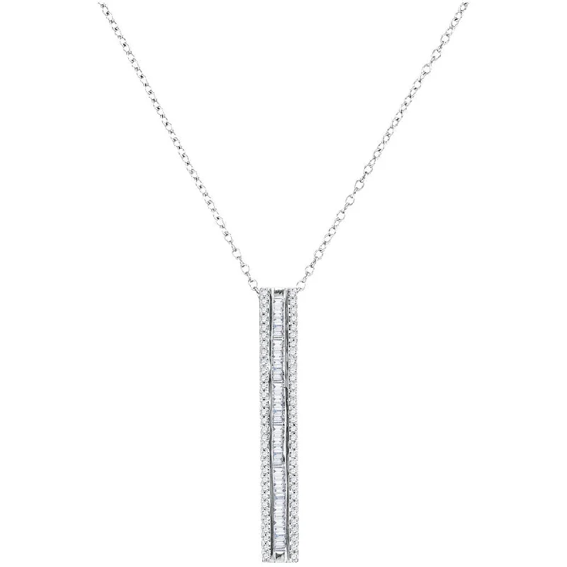 10kt White Gold Womens Round Baguette Diamond Vertical Bar Pendant 1/2 Cttw