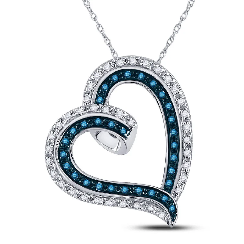 10kt White Gold Womens Round Blue Color Enhanced Diamond Heart Pendant 1/6 Cttw