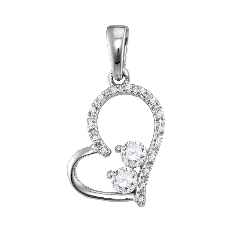 10kt White Gold Womens Round Diamond 2-Stone Heart Pendant 1/5 Cttw