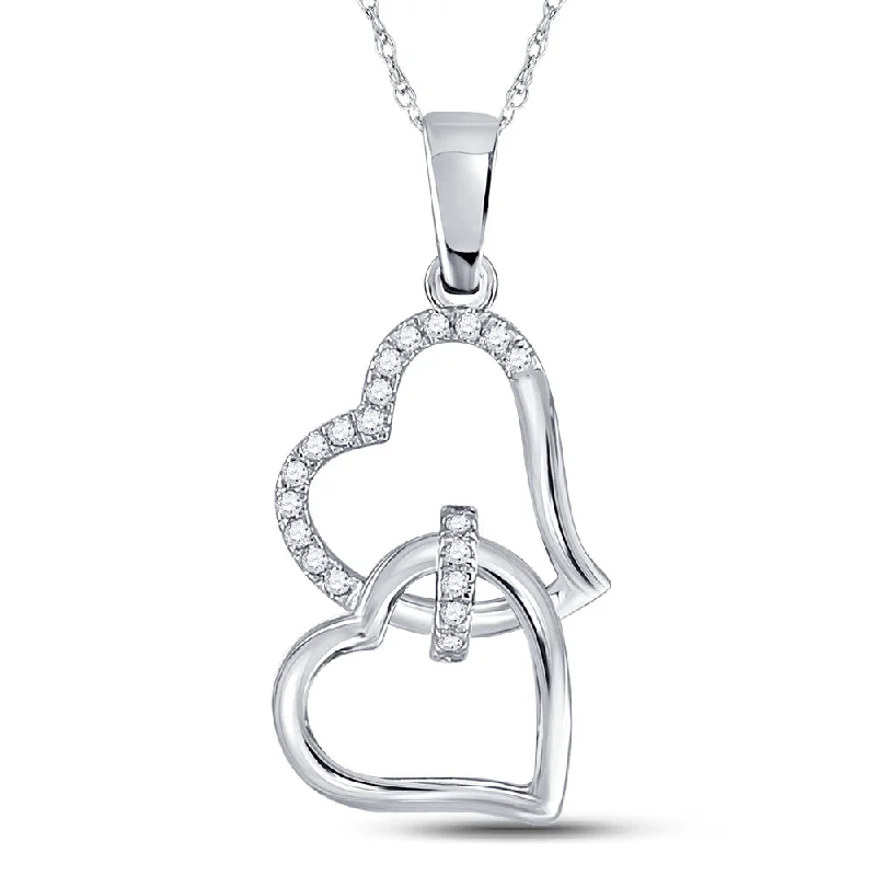 10kt White Gold Womens Round Diamond Double Heart Pendant 1/10 Cttw