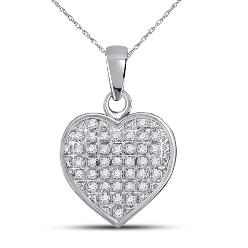 10kt White Gold Womens Round Diamond Heart Cluster Pendant 1/10 Cttw