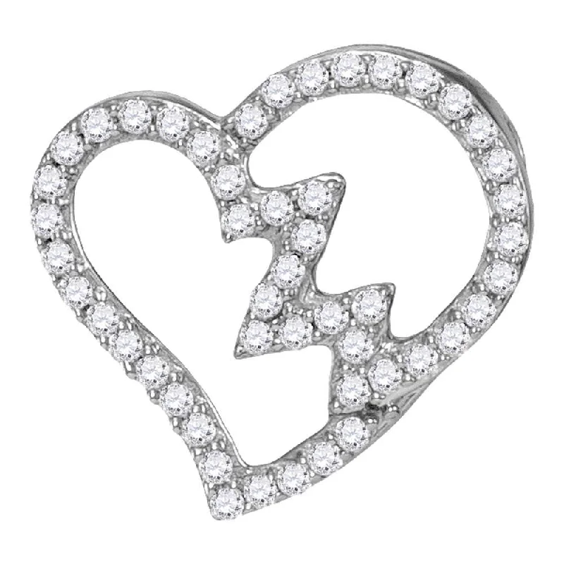 10kt White Gold Womens Round Diamond Heartbeat Heart Outline Pendant 1/6 Cttw