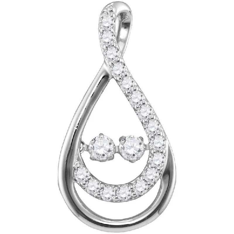 10kt White Gold Womens Round Diamond Moving Twinkle 2-Stone Teardrop Pendant 1/2 Cttw