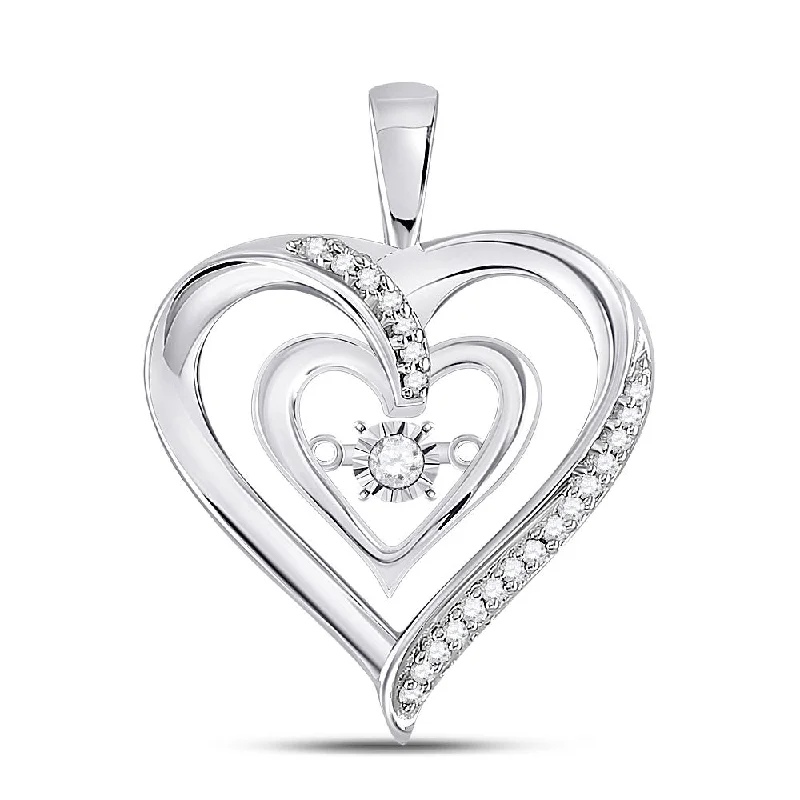 10kt White Gold Womens Round Diamond Moving Twinkle Solitaire Heart Pendant 1/10 Cttw