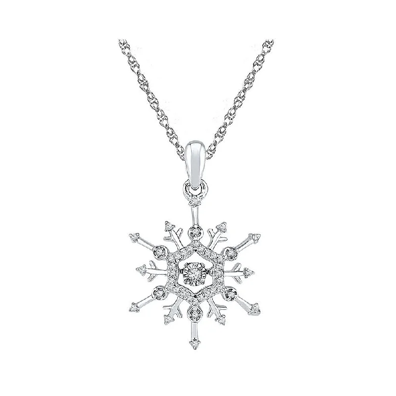 10kt White Gold Womens Round Diamond Snowflake Winter Cluster Pendant 1/6 Cttw