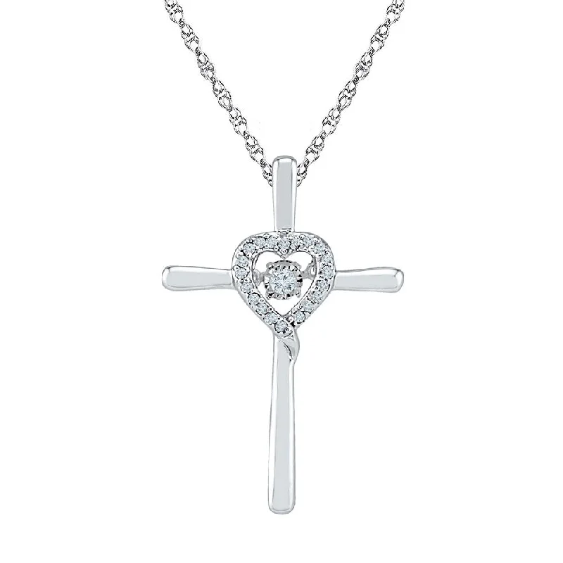 10kt White Gold Womens Round Diamond Solitaire Cross Heart Religious Pendant 1/10 Cttw