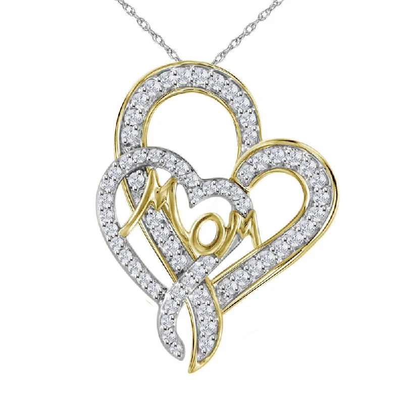 10kt Yellow Gold Womens Round Diamond Double Heart Mom Pendant 1/3 Cttw