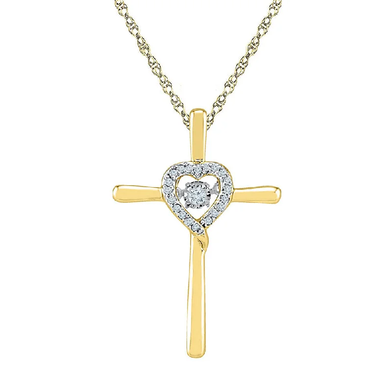 10kt Yellow Gold Womens Round Diamond Solitaire Cross Heart Religious Pendant 1/10 Cttw