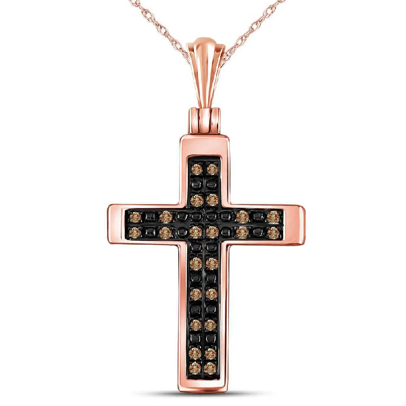 14kt Rose Gold Womens Round Brown Diamond Cross Pendant 1/8 Cttw