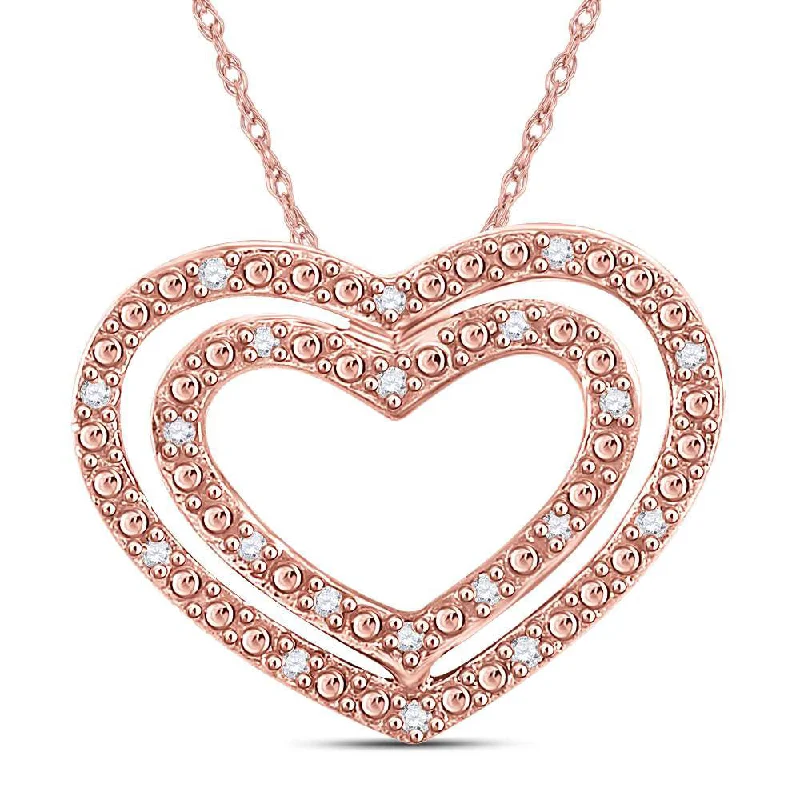 14kt Rose Gold Womens Round Diamond Double Heart Pendant 1/12 Cttw