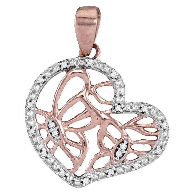 14kt Rose Gold Womens Round Diamond Heart Butterfly Pendant 1/20 Cttw