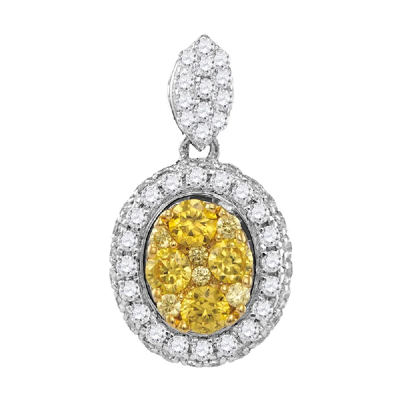 14kt White Gold Womens Round Canary Yellow Diamond Oval Cluster Pendant 1 Cttw