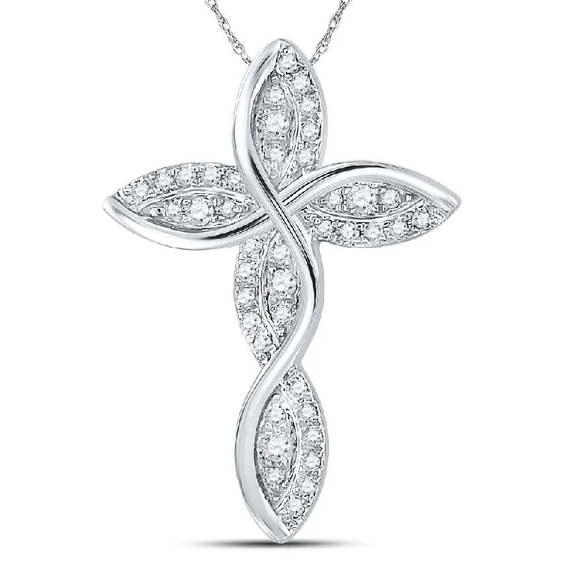 14kt White Gold Womens Round Diamond Contoured Wavy Cross Pendant 1/6 Cttw