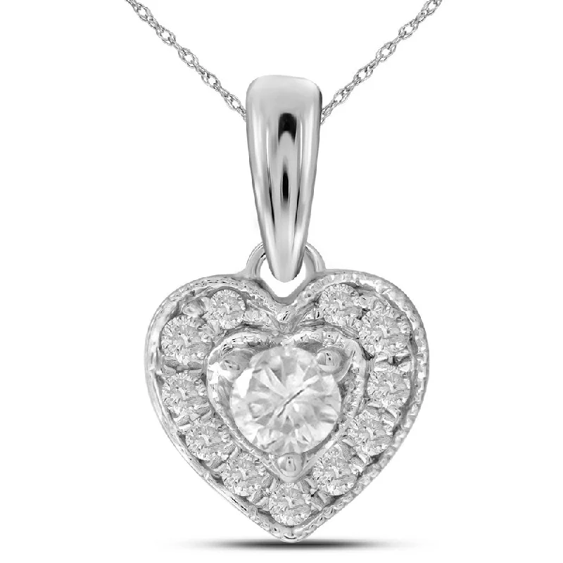 14kt White Gold Womens Round Diamond Solitaire Heart Pendant 1/4 Cttw