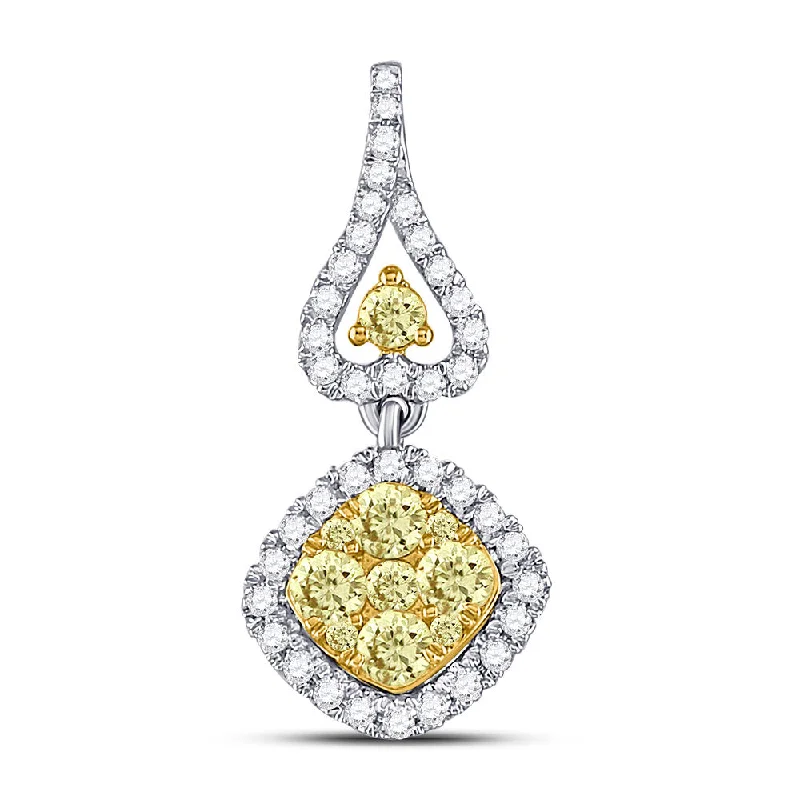 14kt White Gold Womens Round Yellow Diamond Diagonal Square Cluster Pendant 3/4 Cttw