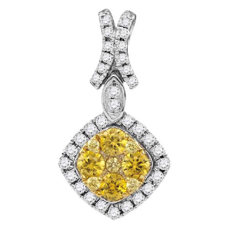 14kt White Gold Womens Round Yellow Diamond Diagonal Square Frame Cluster Pendant 1 Cttw