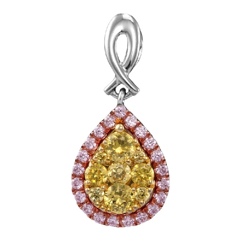 14kt White Gold Womens Round Yellow Pink Diamond Teardrop Cluster Pendant 5/8 Cttw