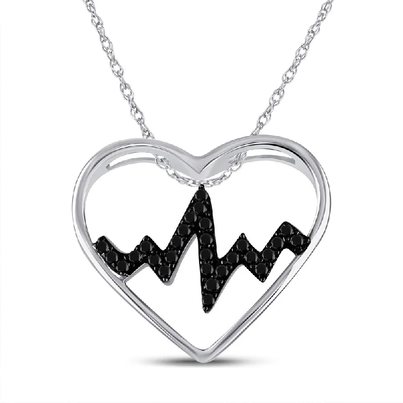 Sterling Silver Womens Round Black Color Enhanced Diamond Heartbeat Heart Pendant 1/10 Cttw