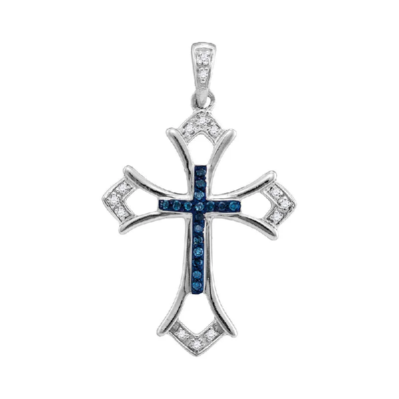 Sterling Silver Womens Round Blue Color Enhanced Diamond Cross Pendant 1/10 Cttw