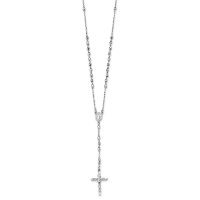 14k White Gold 3mm Beaded Rosary Necklace with Crucifix, 24 Inch