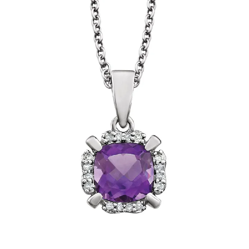 Cushion Amethyst & Diamond Necklace in 14k White Gold, 18 Inch