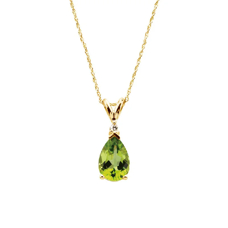 Peridot Teardrop & .04 Ct Diamond Necklace in 14k Yellow Gold, 18 Inch