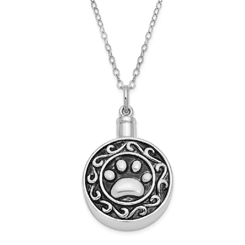 Rhodium Plated Sterling Silver Paw Print Ash Holder Necklace, 18 Inch