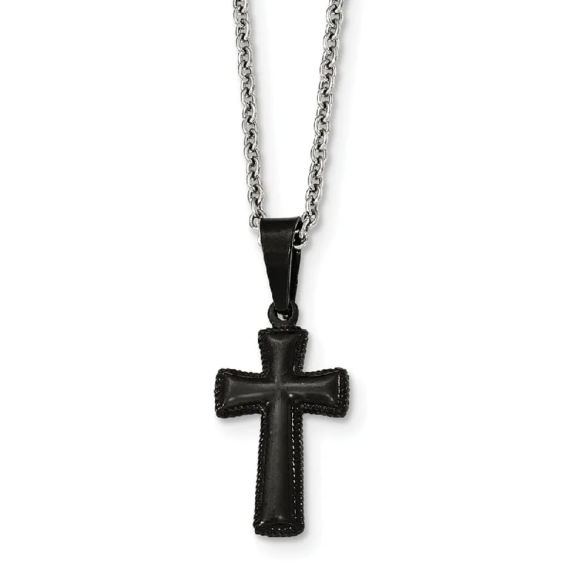 Small Black Plated Pillow Cross Necklace in Stainless Steel, 16 Inch