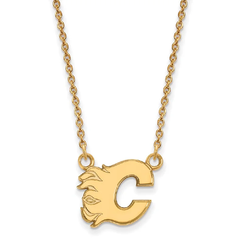 SS 14k Yellow Gold Plated NHL Calgary Flames Small Necklace, 18 Inch