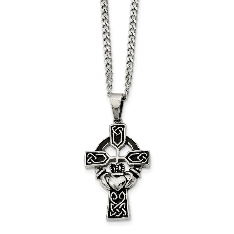 Stainless Steel Antiqued Claddagh Cross Necklace with CZ - 20 Inch