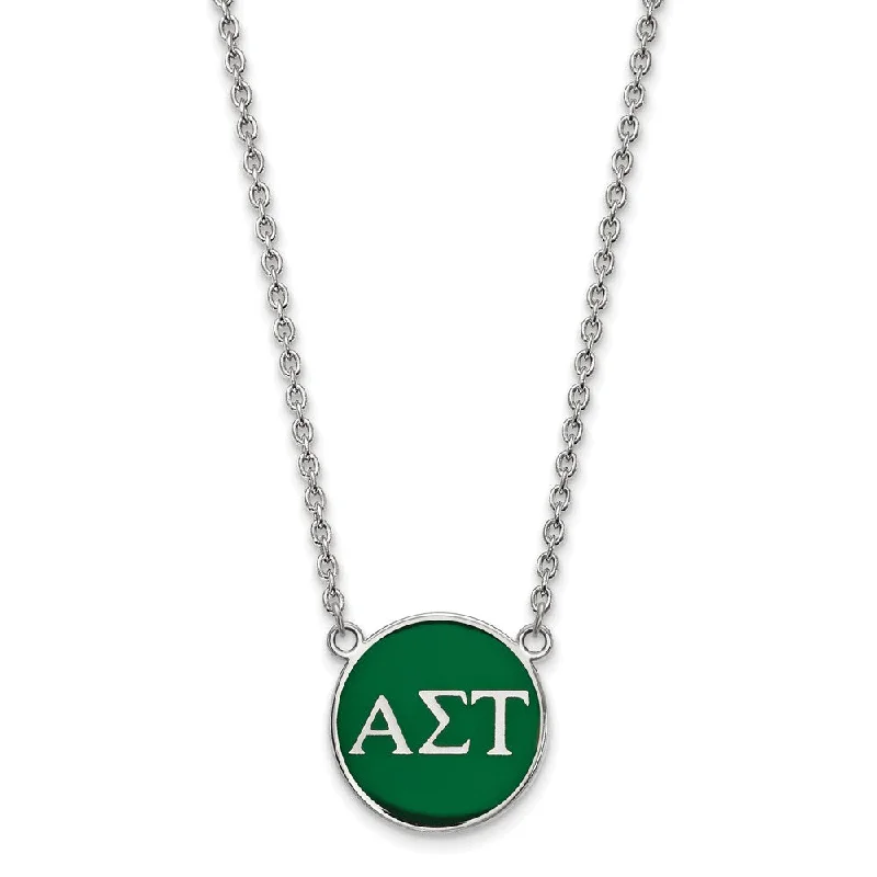 Sterling Silver Alpha Sigma Tau Large Green Enamel Disc Necklace