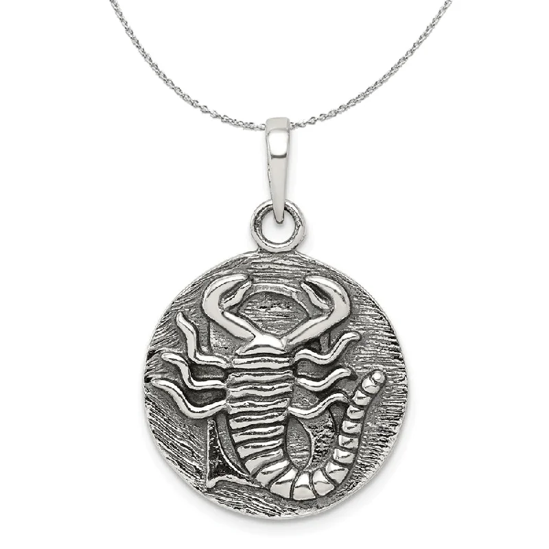 Sterling Silver Scorpio the Scorpion Zodiac Embossed Circle Necklace