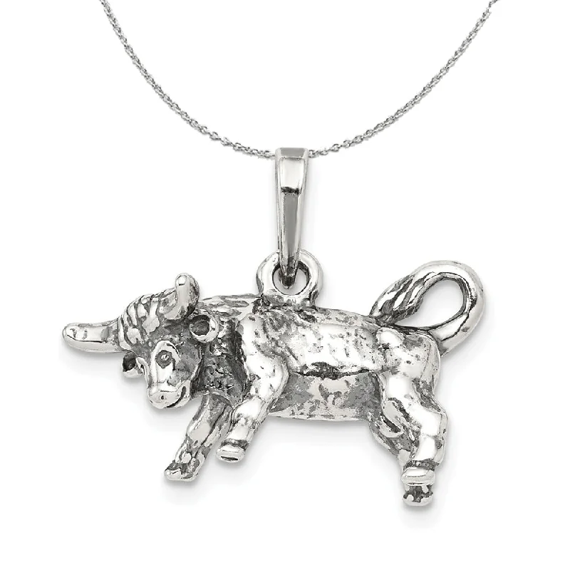 Sterling Silver Taurus the Bull Zodiac 3D Antiqued Necklace