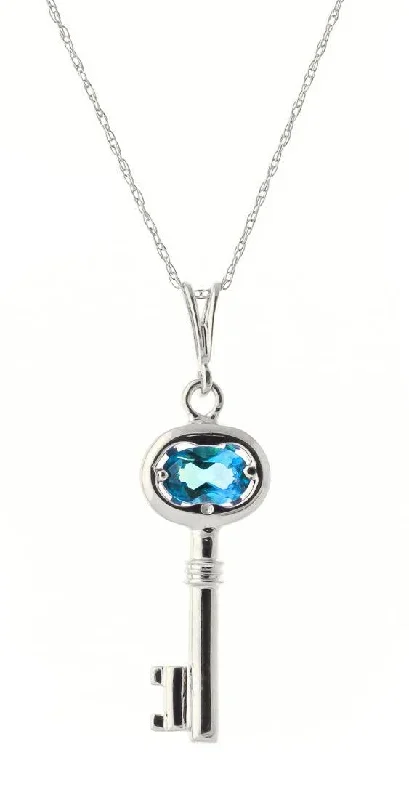 0.5 Carat 14K Solid White Gold Key Charm Necklace Blue Topaz