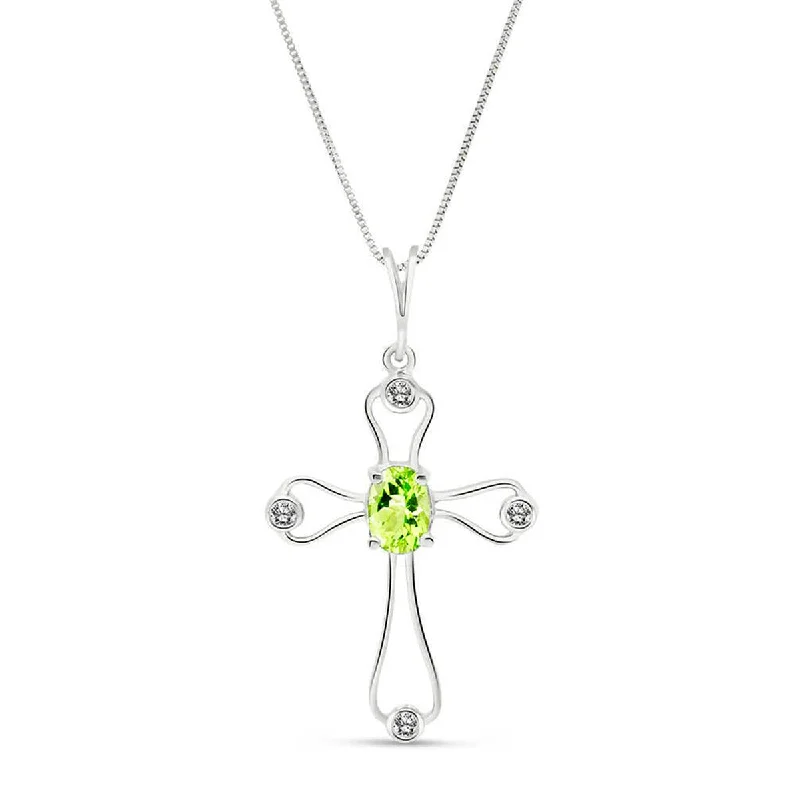 0.57 Carat 14K Solid White Gold Cross My Heart Peridot Diamond Necklace