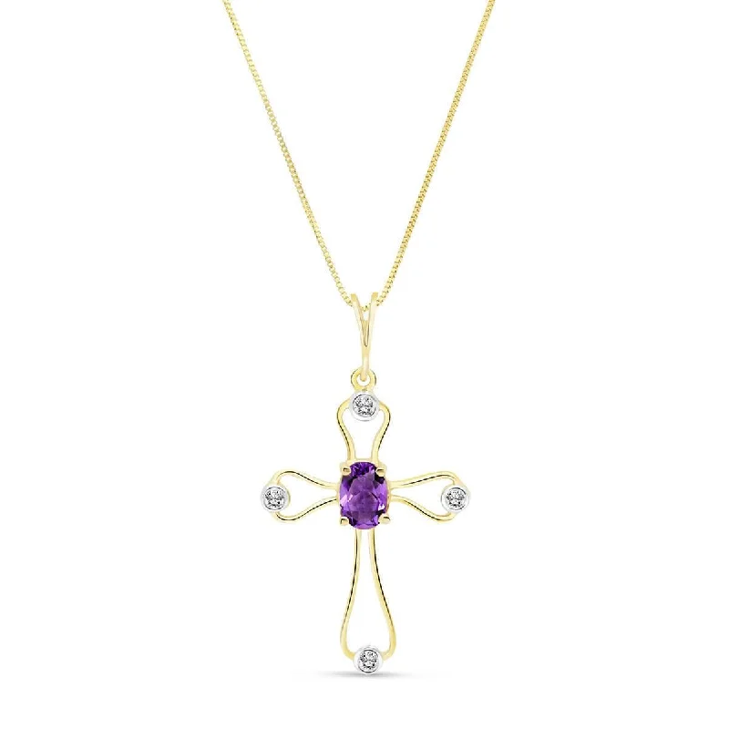 0.57 Carat 14K Solid Yellow Gold Cross Necklace Natural Diamond Amethyst