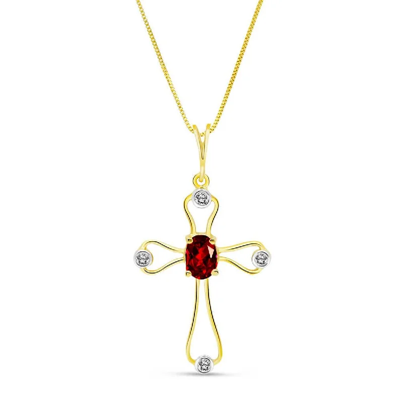 0.57 Carat 14K Solid Yellow Gold Cross Necklace Natural Diamonds Garnet