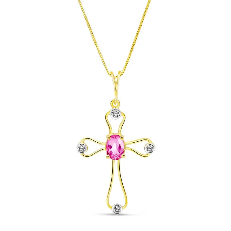 0.57 Carat 14K Solid Yellow Gold Faith Pink Topaz Diamond Necklace