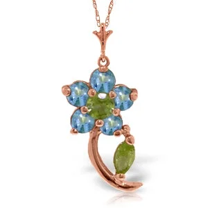 0.87 Carat 14K Solid Rose Gold Flower Stem Blue Topaz Peridot Necklace