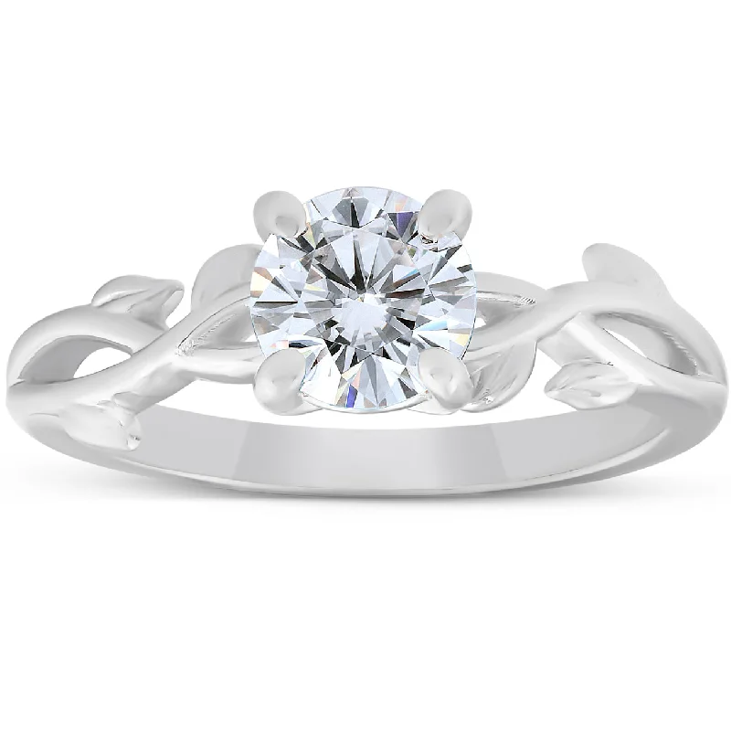 1 1/4 ct Solitaire Moissanite Vine Engagement Ring 14k White Gold