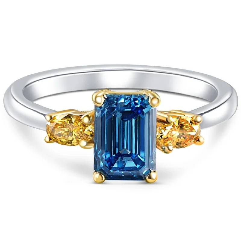 1 1/4Ct Fancy Blue & Yellow Diamond Engagement Three Stone Emerald Ring Gold