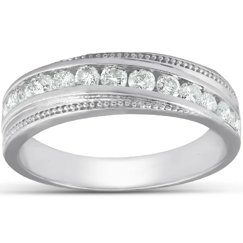 1/2 Ct Mens Diamond Wedding Ring With Bead Accent High Polished 10k White Gold