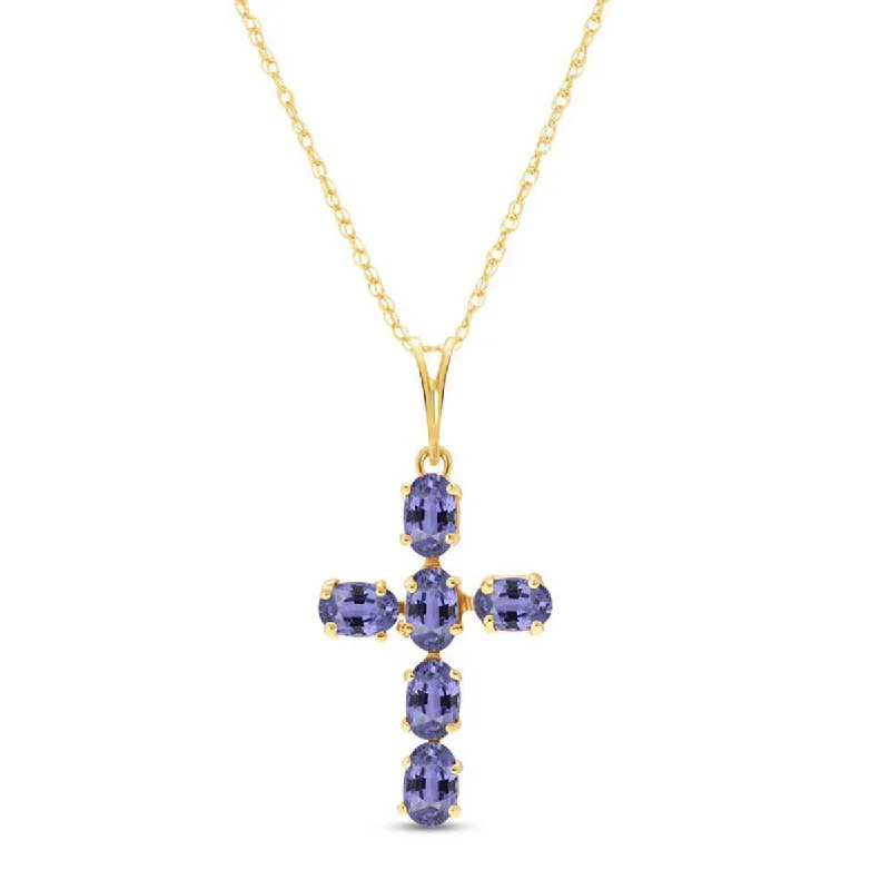 1.5 Carat 14K Solid Yellow Gold Cross Necklace Natural Tanzanite