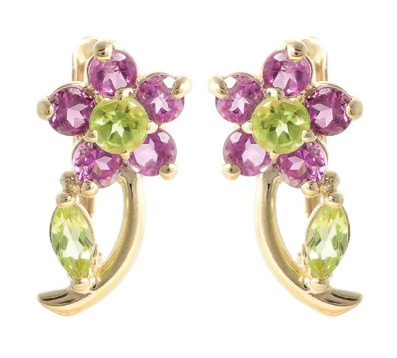 1.72 Carat 14K Solid Yellow Gold Flora Amethyst Peridot Clip Earrings