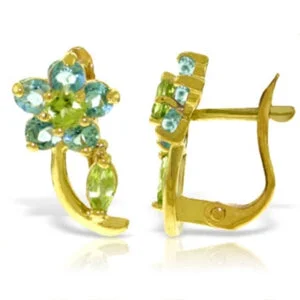 1.72 Carat 14K Solid Yellow Gold Flora Blue Topaz Peridot Clip Earrings