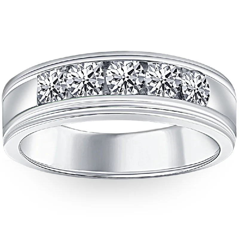 1 Ct Mens Diamond 5-Stone Wedding Ring Channel Set Classic Ring 10k White Gold