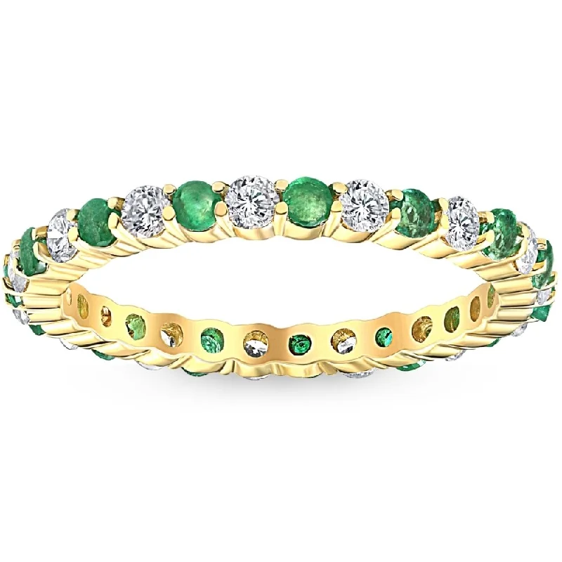 1 cttw Emerald & Diamond Wedding Eternity Stackable Ring 10k Yellow Gold