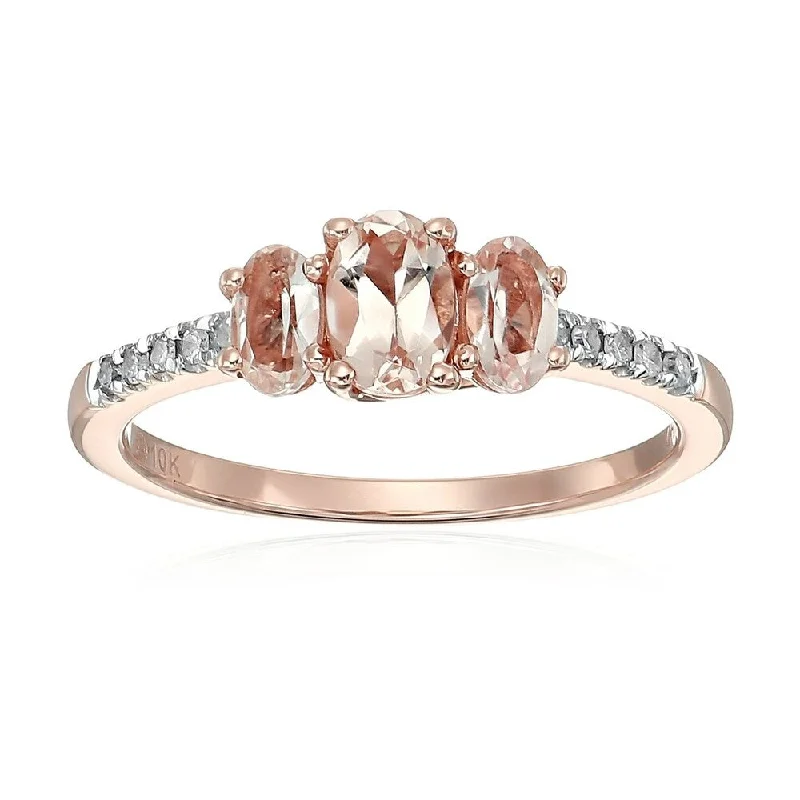 10k Rose Gold Morganite and Diamond 3-Stone Engagement Ring, Size 7 - Pink